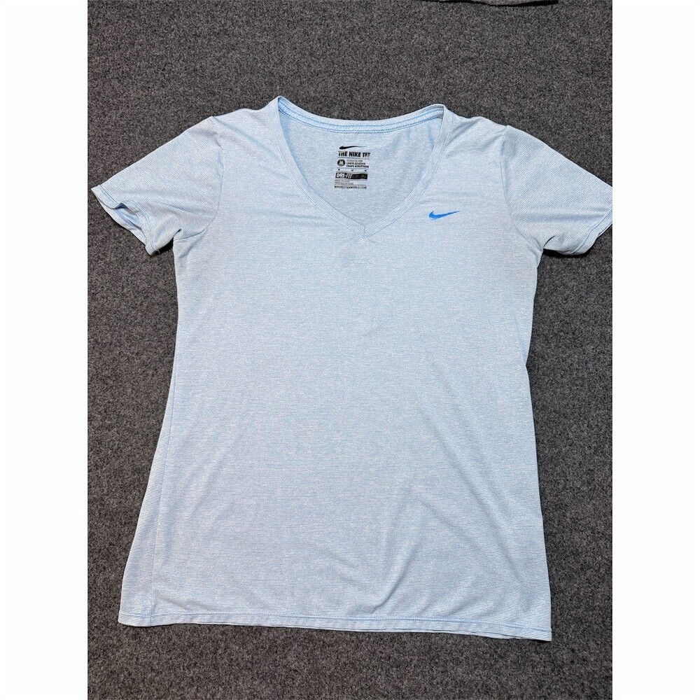 Nike The Nike Tee T-Shirt Womens Size M Blue Micro-Stripe V-Neck Dri-FIT